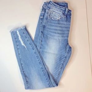 Fashion Nova Faded Juniors Skinny Jeans with Fringe Cut Ankles